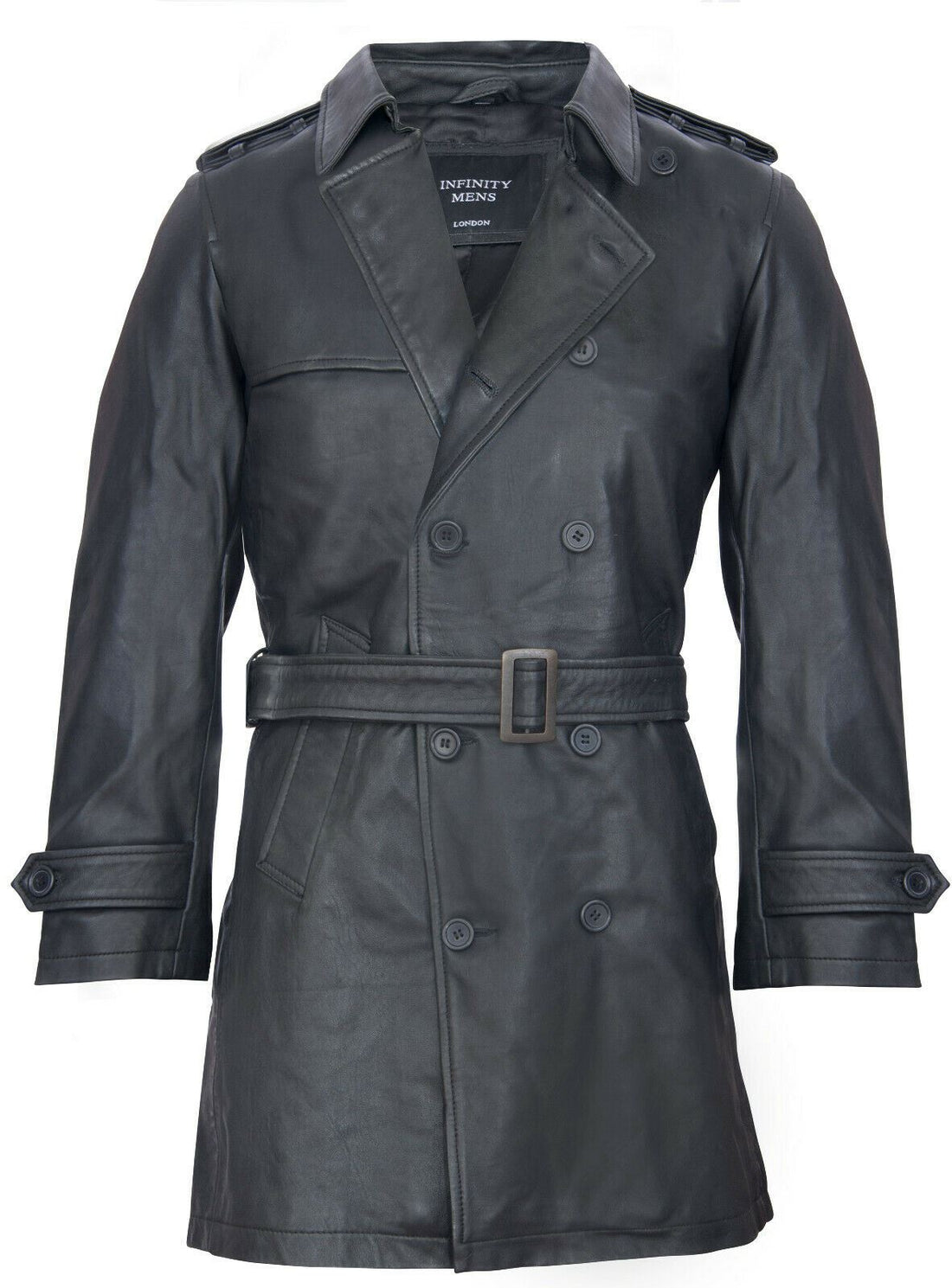 Mens Black Leather Trench Overcoat-Edenbridge