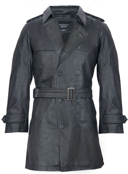 Mens Black Leather Trench Overcoat-Edenbridge