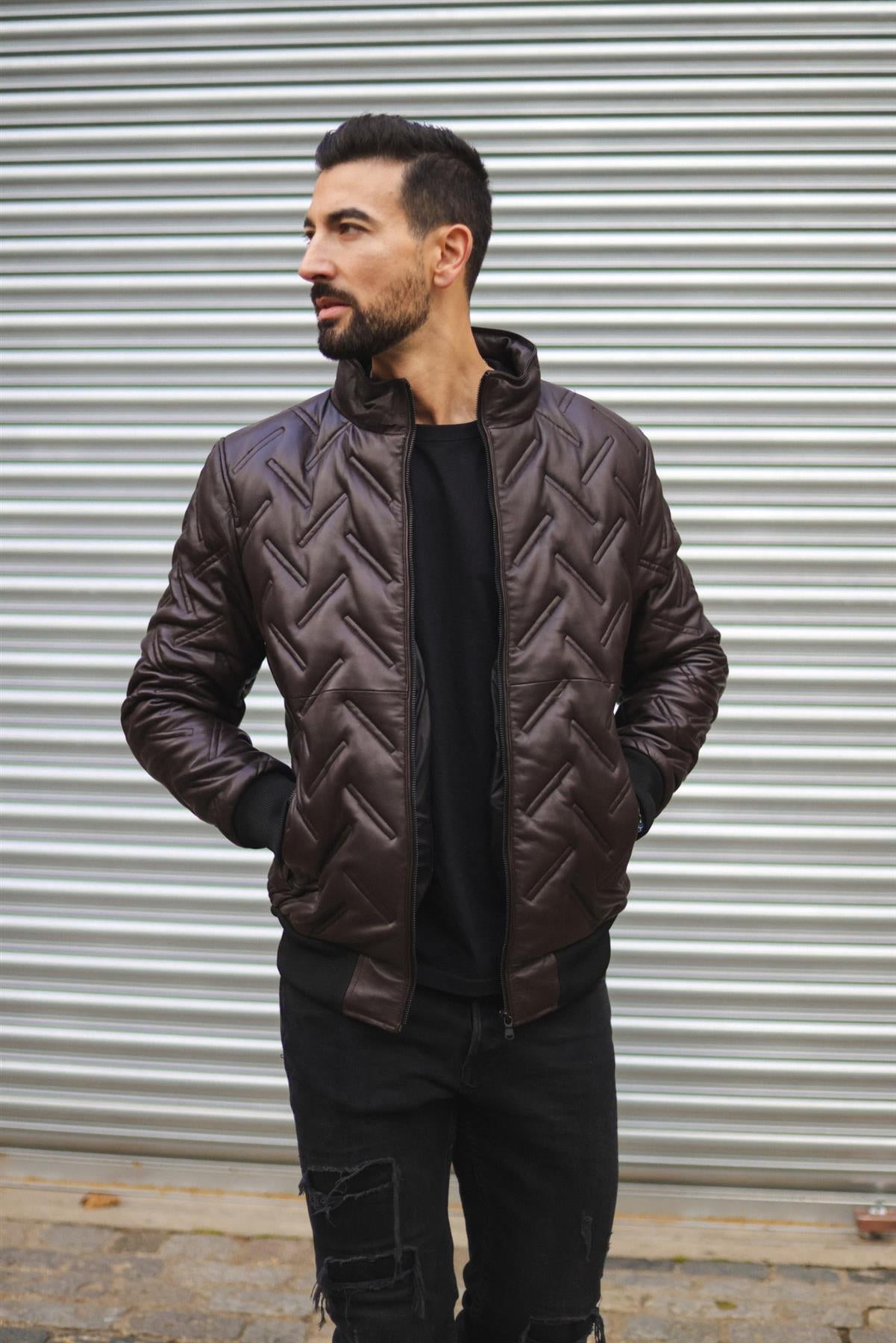 Mens Quilted Leather Bomber Jacket - Taunton