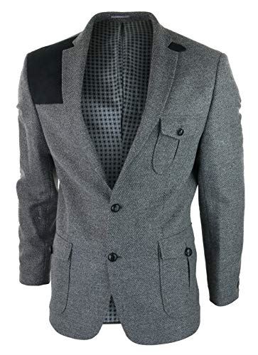 Mens Wool Tweed Shooting Jacket Hunting Blazer Smart Casual Elbow Patch Grey