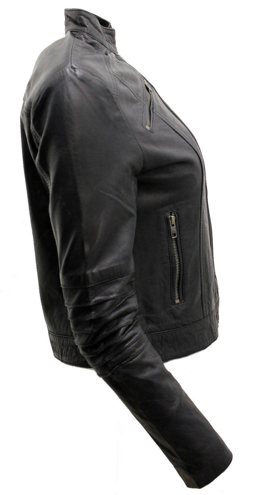 Womens Pleated Design Leather Biker Jacket-Middleham