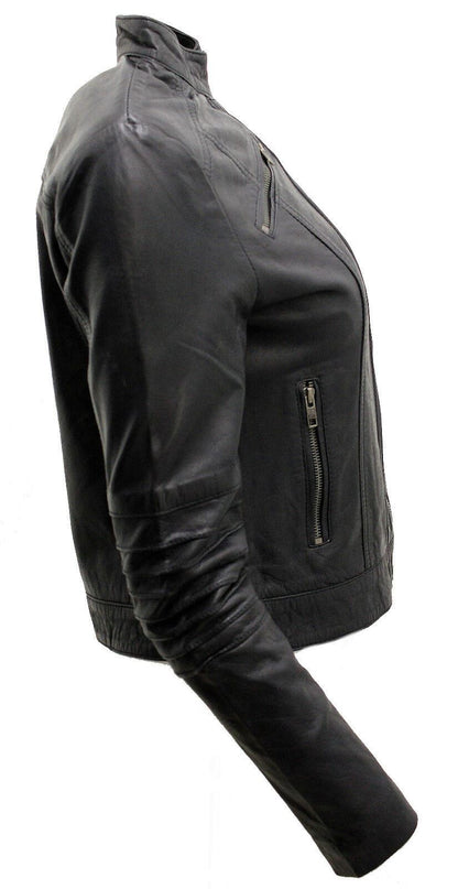 Womens Pleated Design Leather Biker Jacket-Middleham