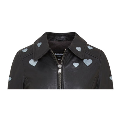 Women’s Black Leather Hearts Biker Jacket  - Wynyard