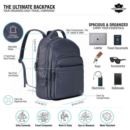 Genuine Leather Navy Blue Vintage Rucksack Laptop Bag Travel Backpack - Capri