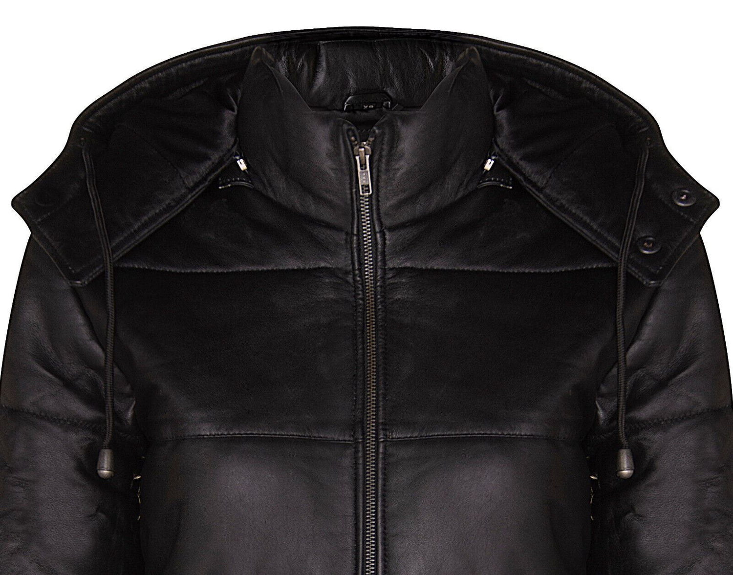 Womens Black Puffer Leather Bomber Jacket-Minehead