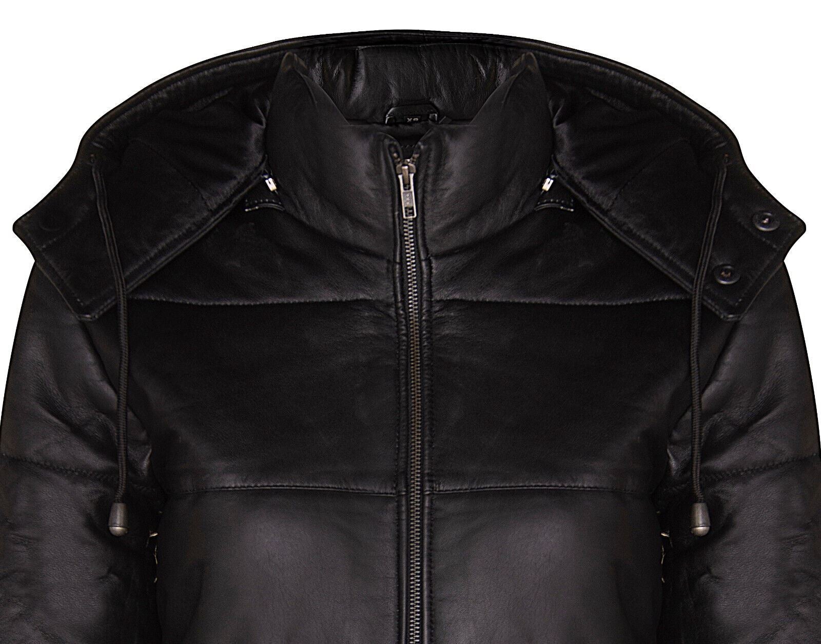 Womens Black Puffer Leather Bomber Jacket-Minehead