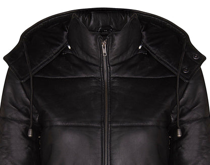Womens Black Puffer Leather Bomber Jacket-Minehead