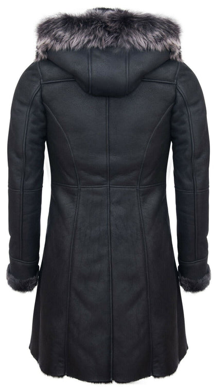 Womens Sheepskin Hooded Black Duffle Overcoat-Redhill - Upperclass Fashions 