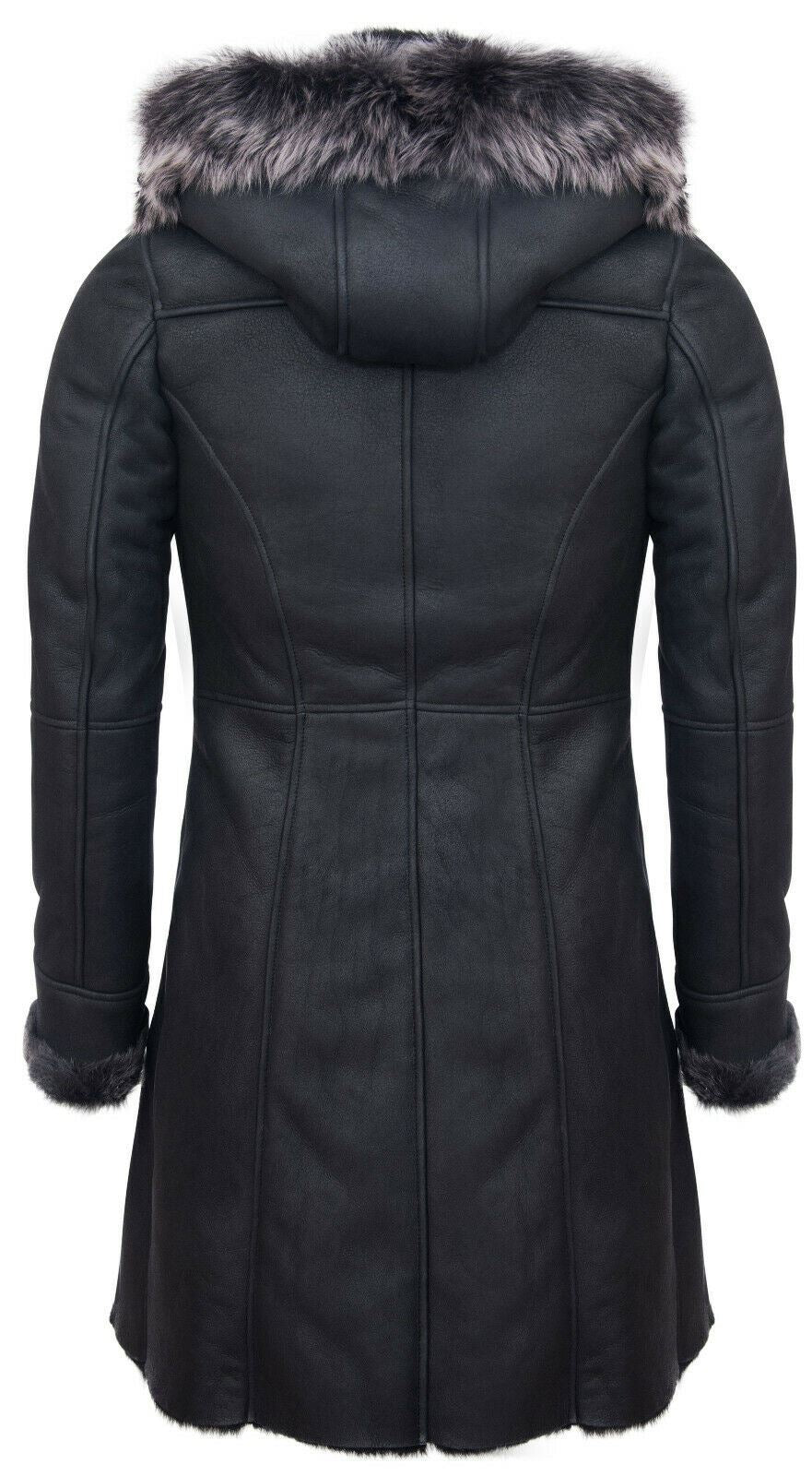 Womens Sheepskin Hooded Black Duffle Overcoat-Redhill