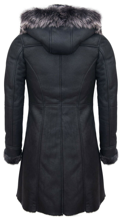 Womens Sheepskin Hooded Black Duffle Overcoat-Redhill