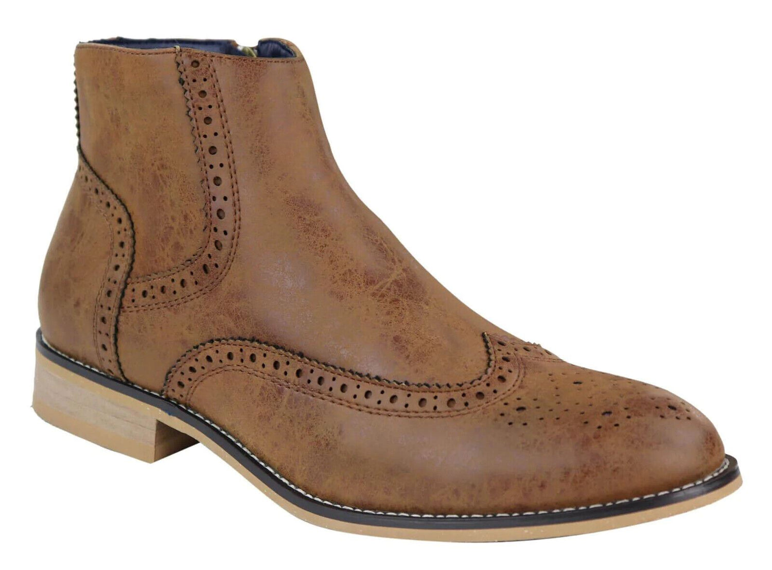 Mens Tan Leather Brogue Zip Up Chelsea Boots - Upperclass Fashions 