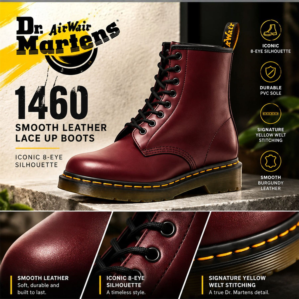 Dr Martens 1460 Cherry Red Leather 8-Eye Combat Boots - 11822600