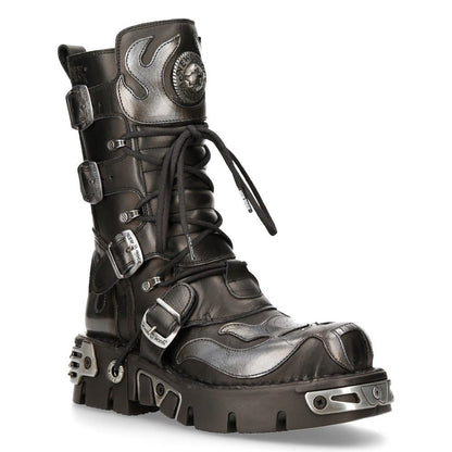 New Rock Flame Accented Black/Silver Leather Biker Boots- 107-S2