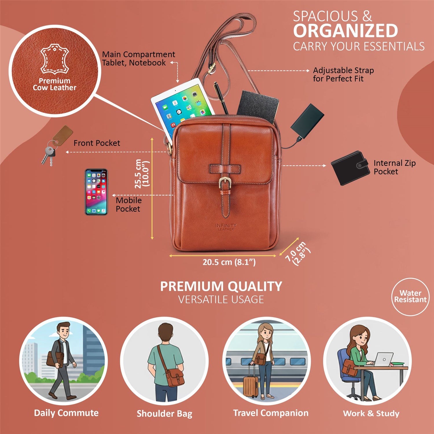 Genuine Leather Tan Vintage Crossbody Messenger Travel Bag - Ashby