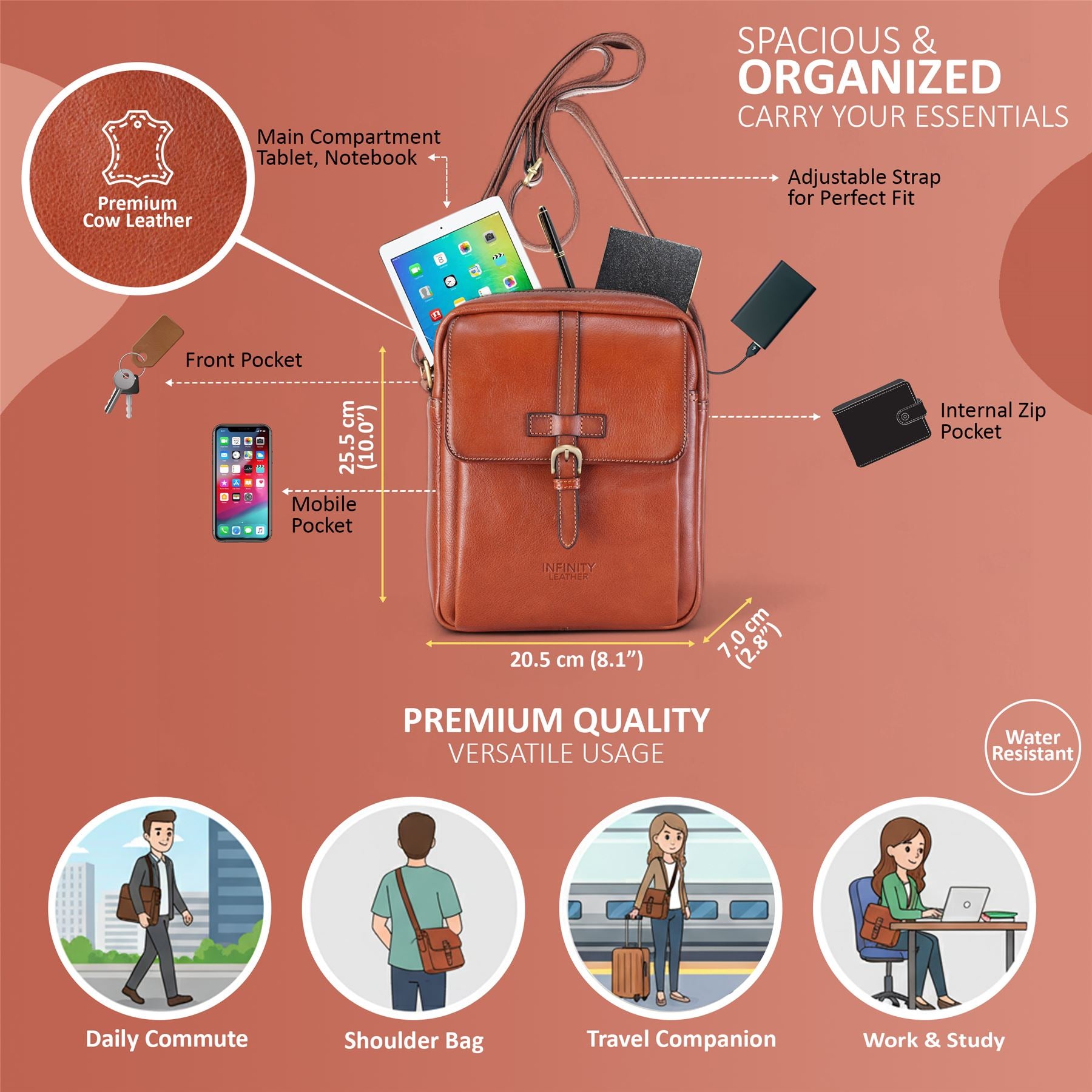 Genuine Leather Tan Vintage Crossbody Messenger Travel Bag - Ashby