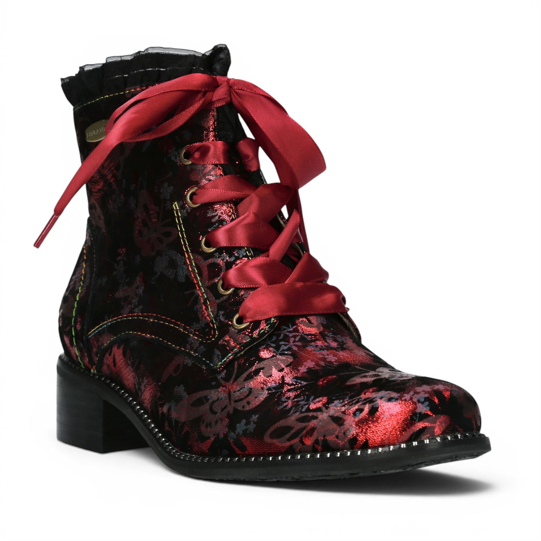 Laura Vita Floral Womens Gothic Victorian Red Leather Ankle Heeled Boots - Emcmao-45