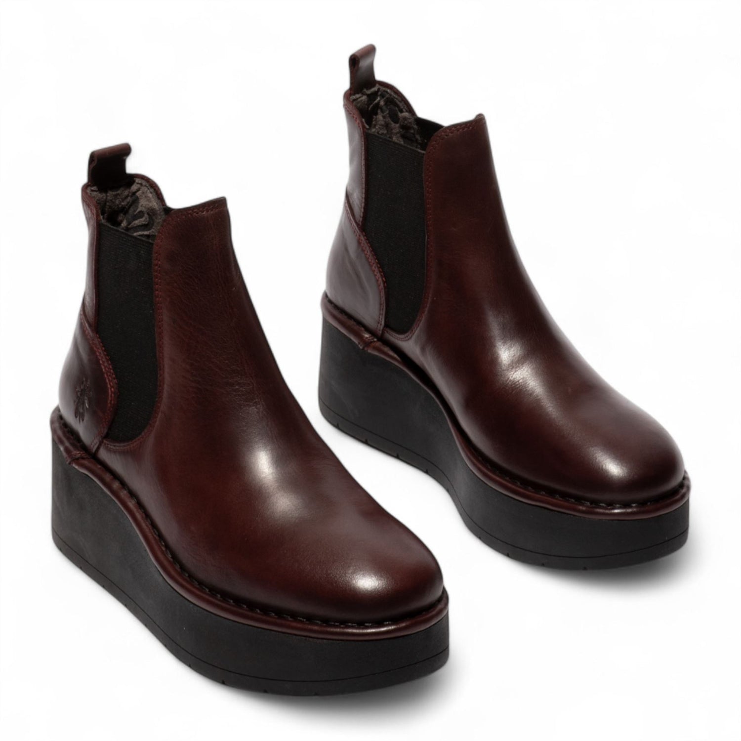 Fly London Womens Wine Red HELY268 Chelsea Leather Ankle Pull-On Platform Comfort Boots