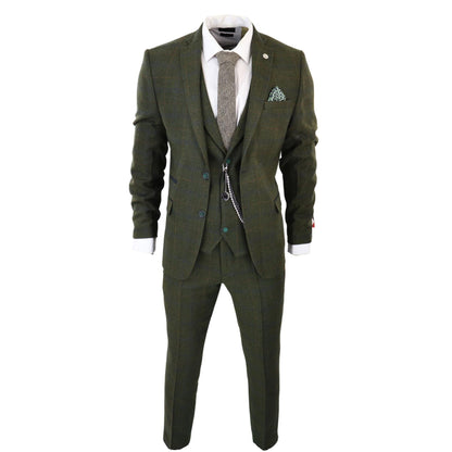 Mens 3 Piece Wool Suit Olive Green Tweed Check Peaky Blinders 1920 Gatsby Formal - Upperclass Fashions 