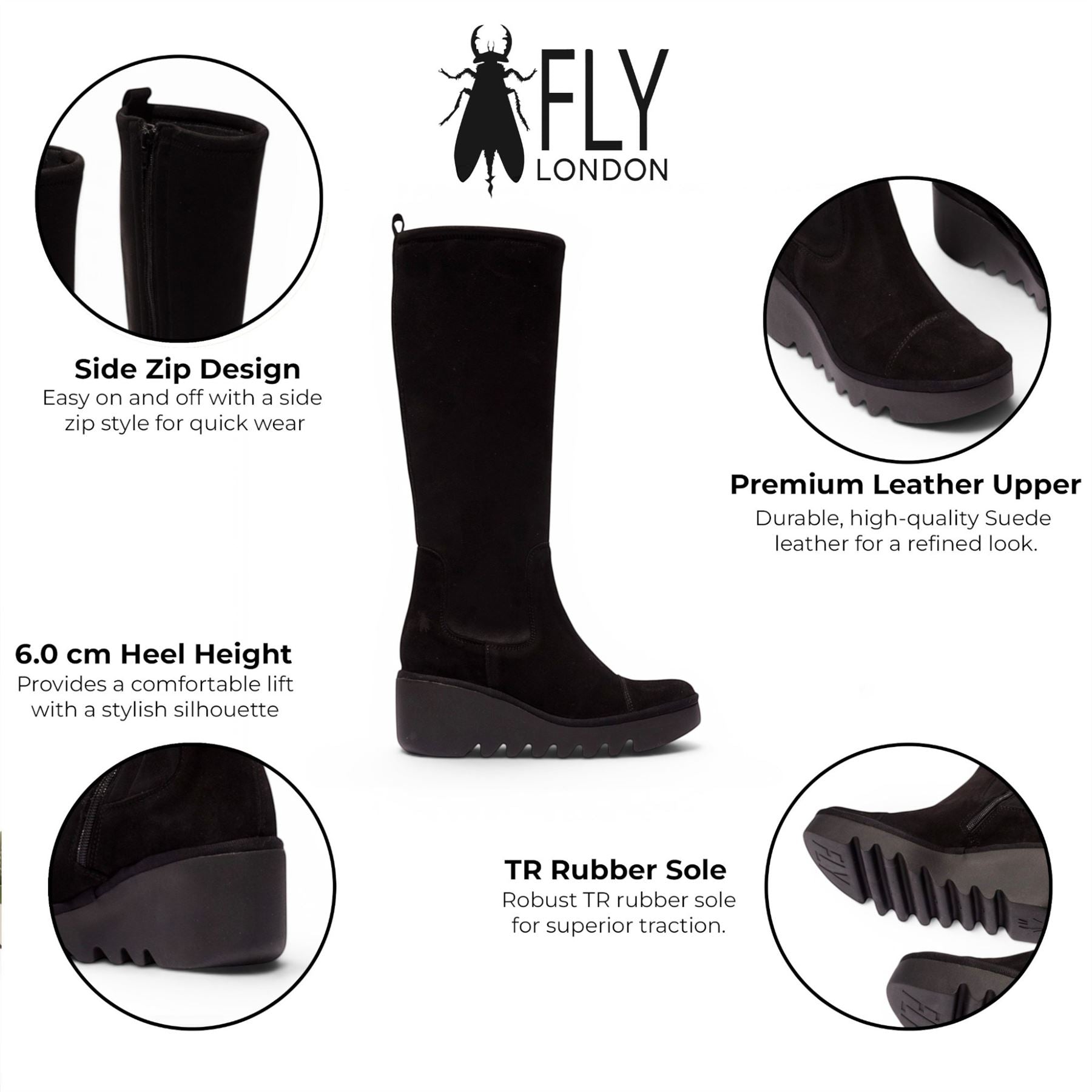 Fly London Womens Black Suede Leather High Wedge Heel Long Boots - BUDI603