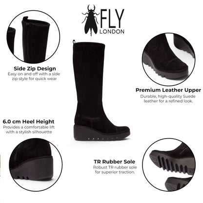 Fly London Womens Black Suede Leather High Wedge Heel Long Boots - BUDI603