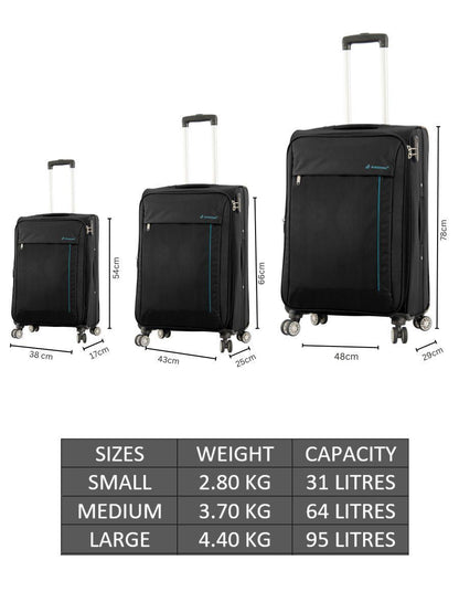 Lightweight Black Soft Casing Suitcases 8 Wheel Luggage Travel - Upperclass Fashions 