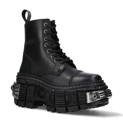 New Rock Metallic Black Leather Boots-WALL083C-S4