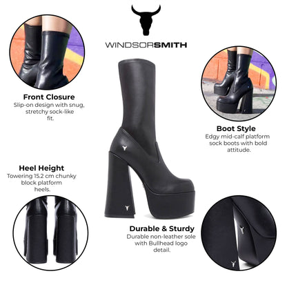 Windsorsmith Womens Black Mid-Calf Sock Platform Goth Heel Boots - Saviour