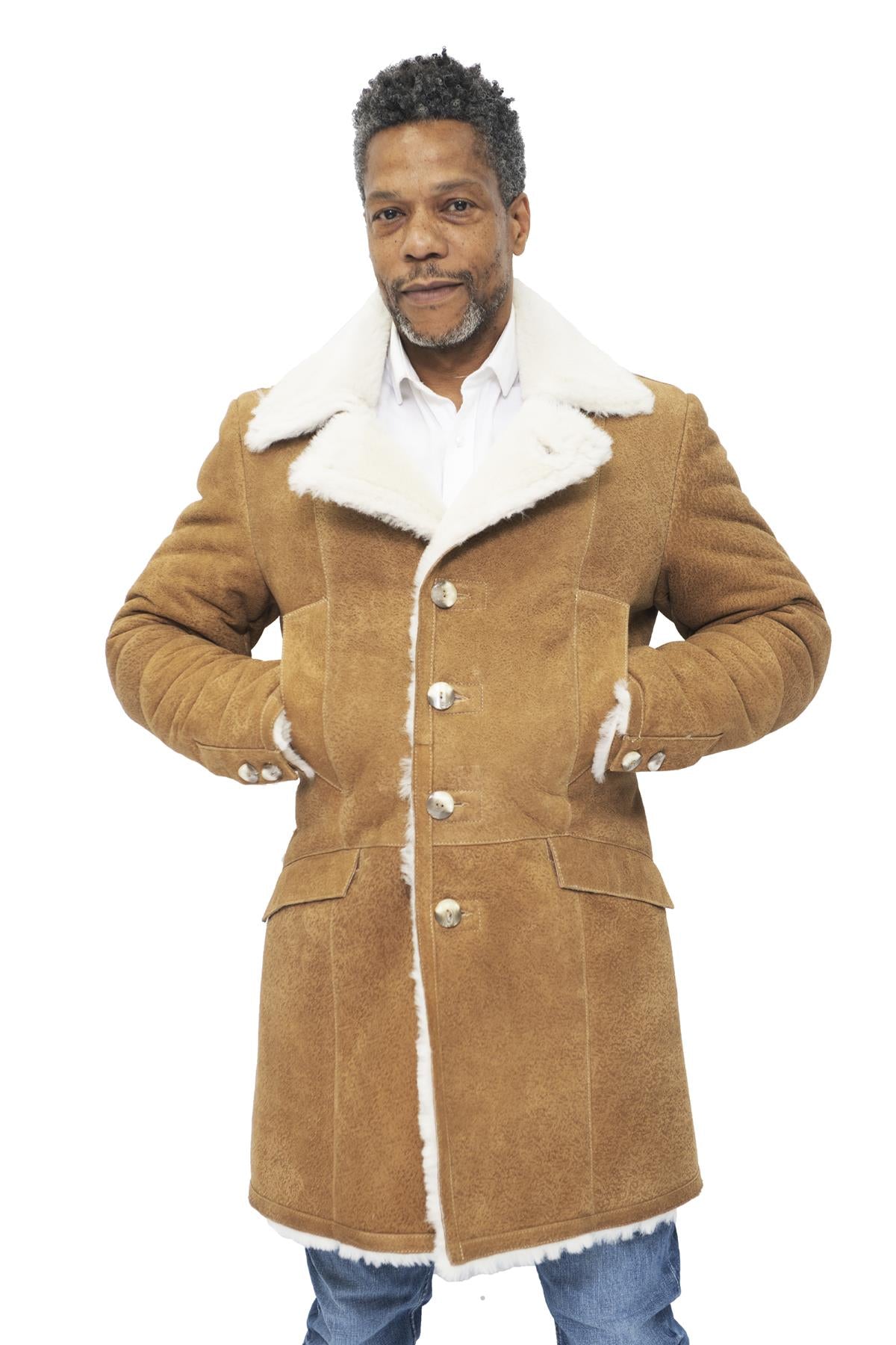 Mens Long Sheepskin shearling Trench Coat-Lewes