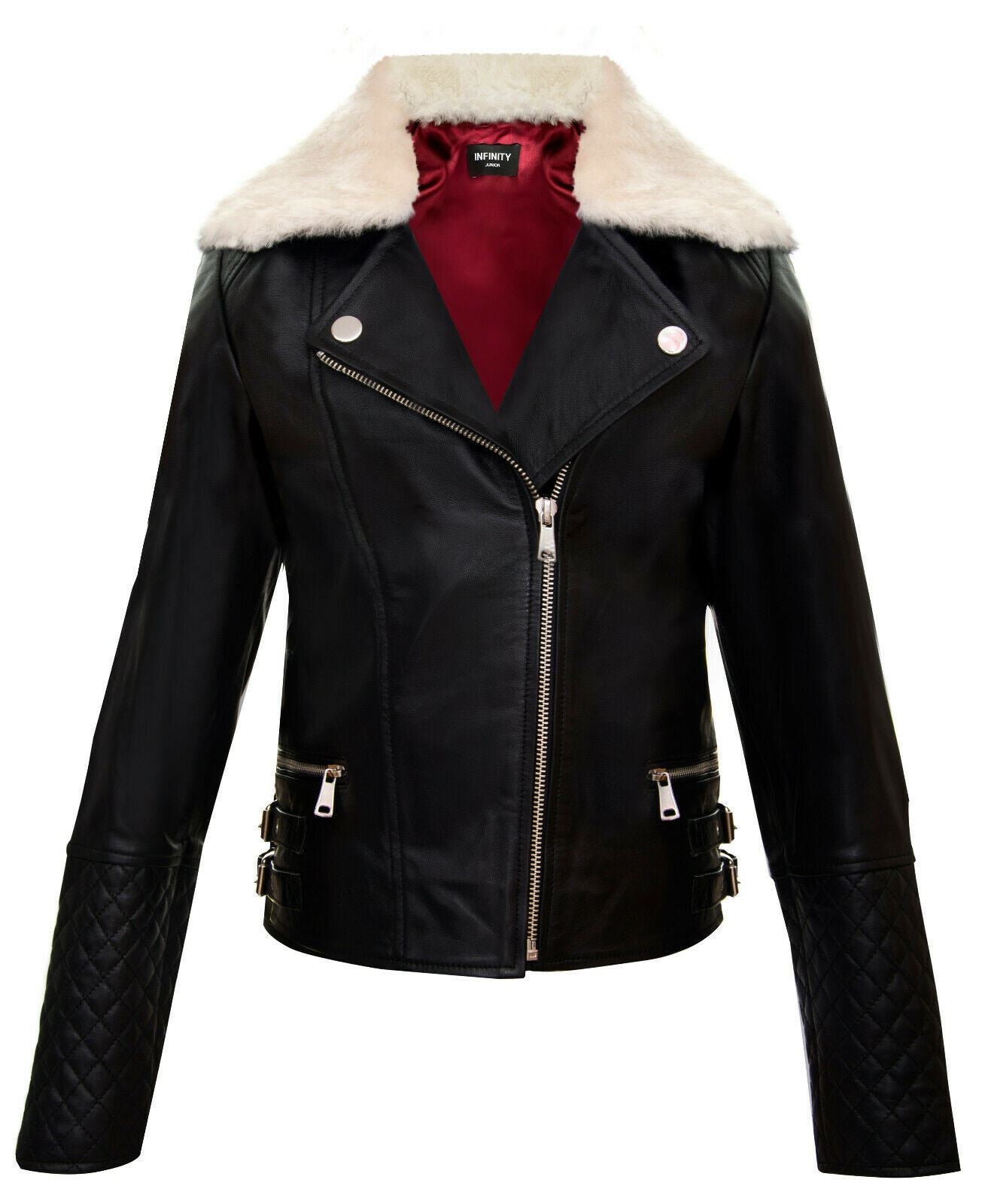 Kids Girls 100% Leather Detachable Collar Biker Jackets (3-13 Years)