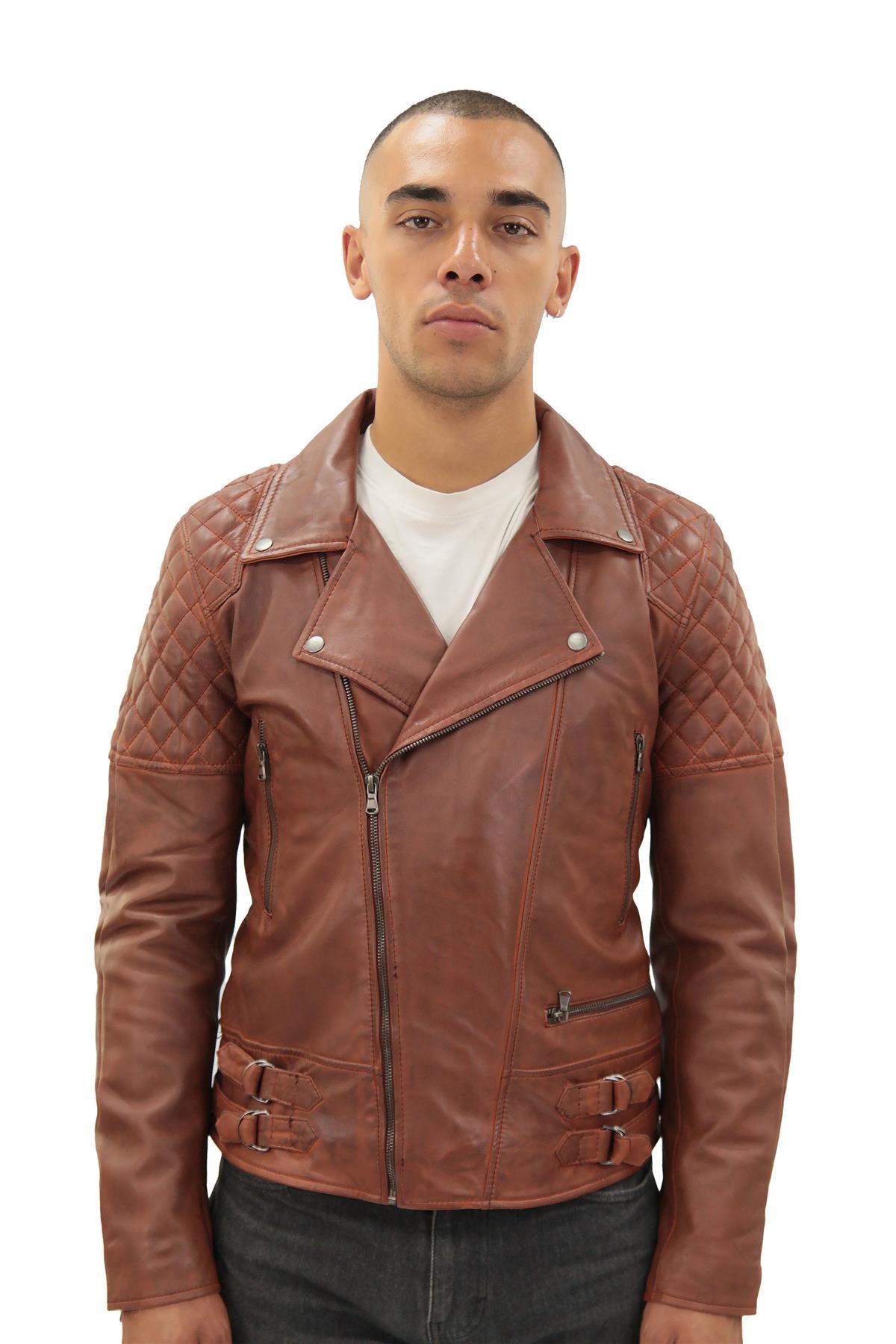 Mens Quilted Leather Biker Jacket-Stonehouse