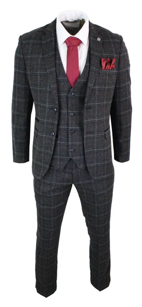 Mens 3 Piece Charcoal Grey Tweed Check Vintage Retro Suit - Upperclass Fashions 