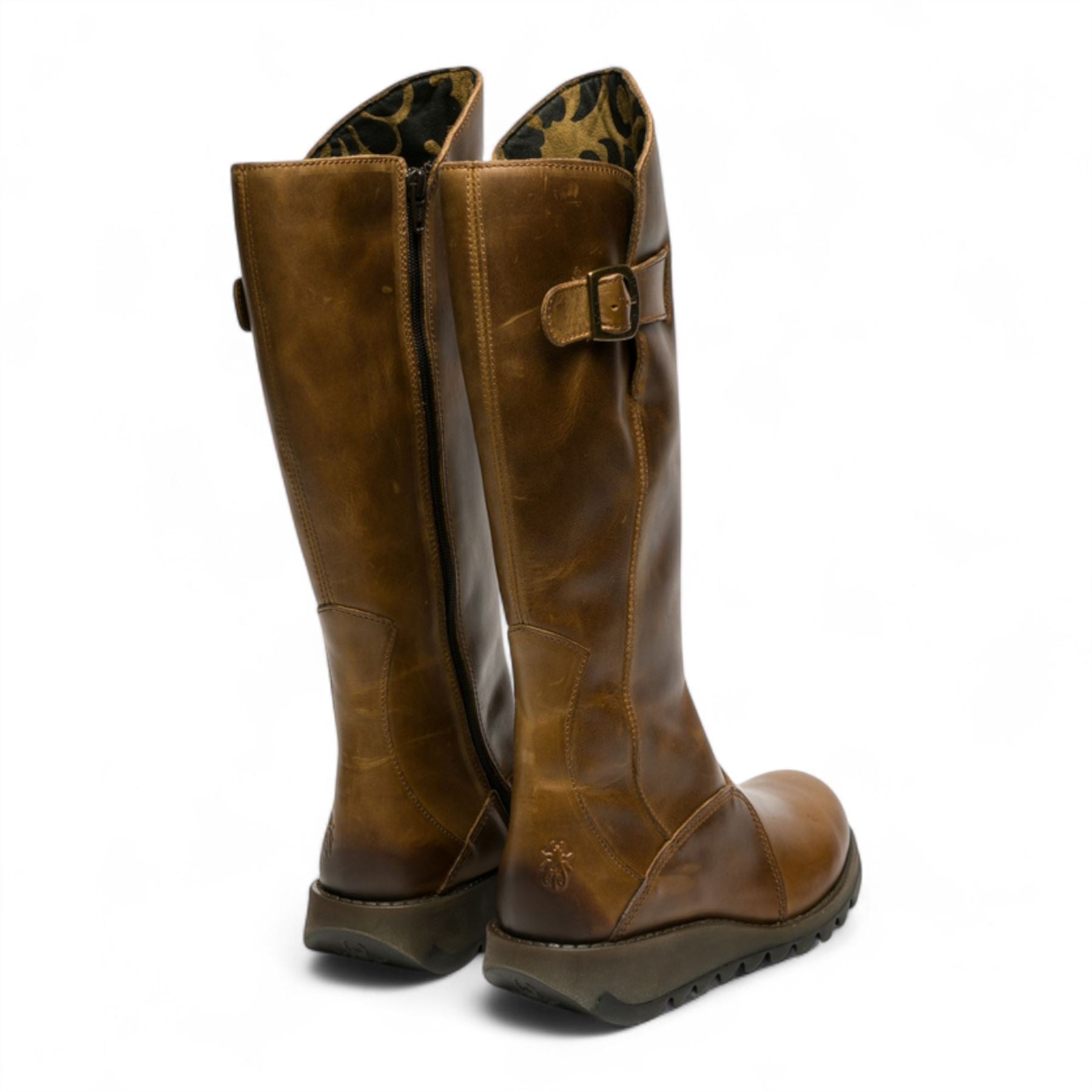 Fly London Womens Camel Brown MOL 2 Leather Wedge Heel Knee High Zip Up Boots