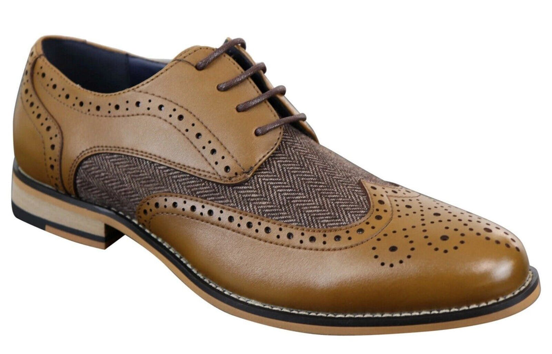 Mens Classic Oxford Tweed Brogue Shoes in Tan Leather - Upperclass Fashions 