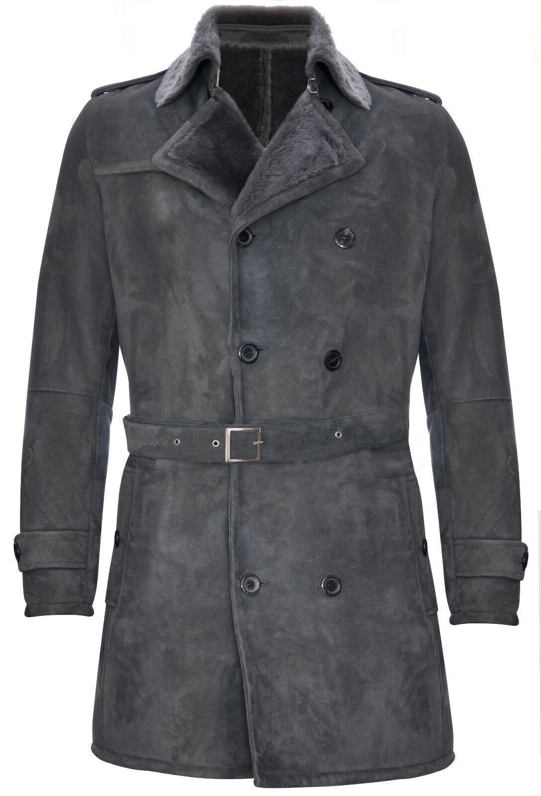 Mens Suede Sheepskin Double Breasted Coat-Kempston