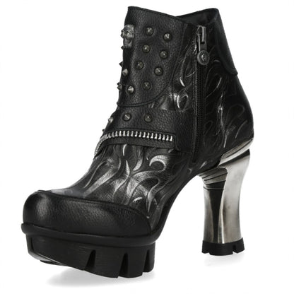 New Rock Womens NEOPUNK001-C19 Black Gothic Heeled Punk Leather Ankle Boots