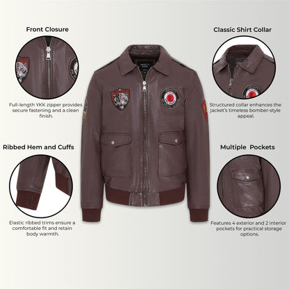 Men’s Leather Bomber G-1 Aviator Collar Jacket  - Maverick