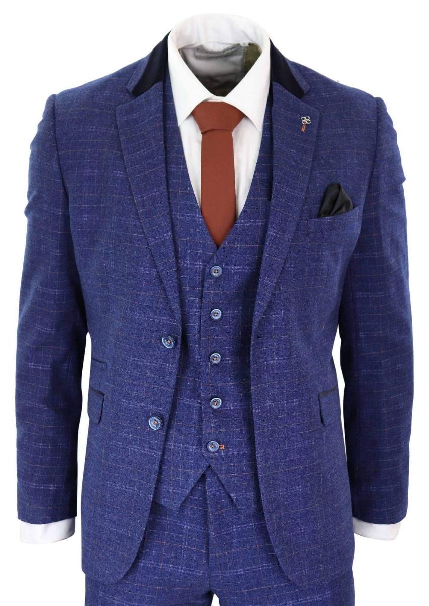 Mens 3 Piece Blue Tweed Check Vintage Classic Suit - Upperclass Fashions 