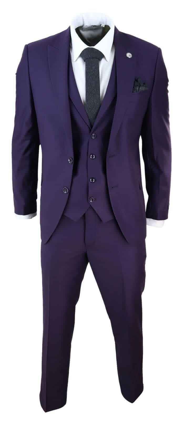New Mens 3 Piece Suit Plain Purple Classic Tailored Fit Smart Casual 1920s Formal - Upperclass Fashions 