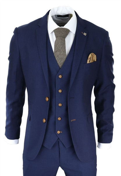 Mens 3 Piece Navy Blue Birdseye Classic Suit - Upperclass Fashions 