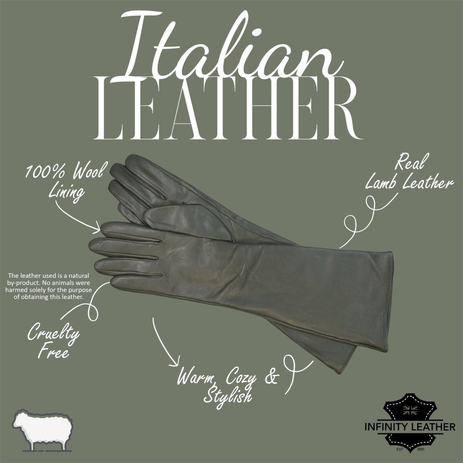 Womens Long Italian Leather Winter Soft Wool Lining Gloves