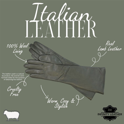 Womens Long Italian Leather Winter Soft Wool Lining Gloves