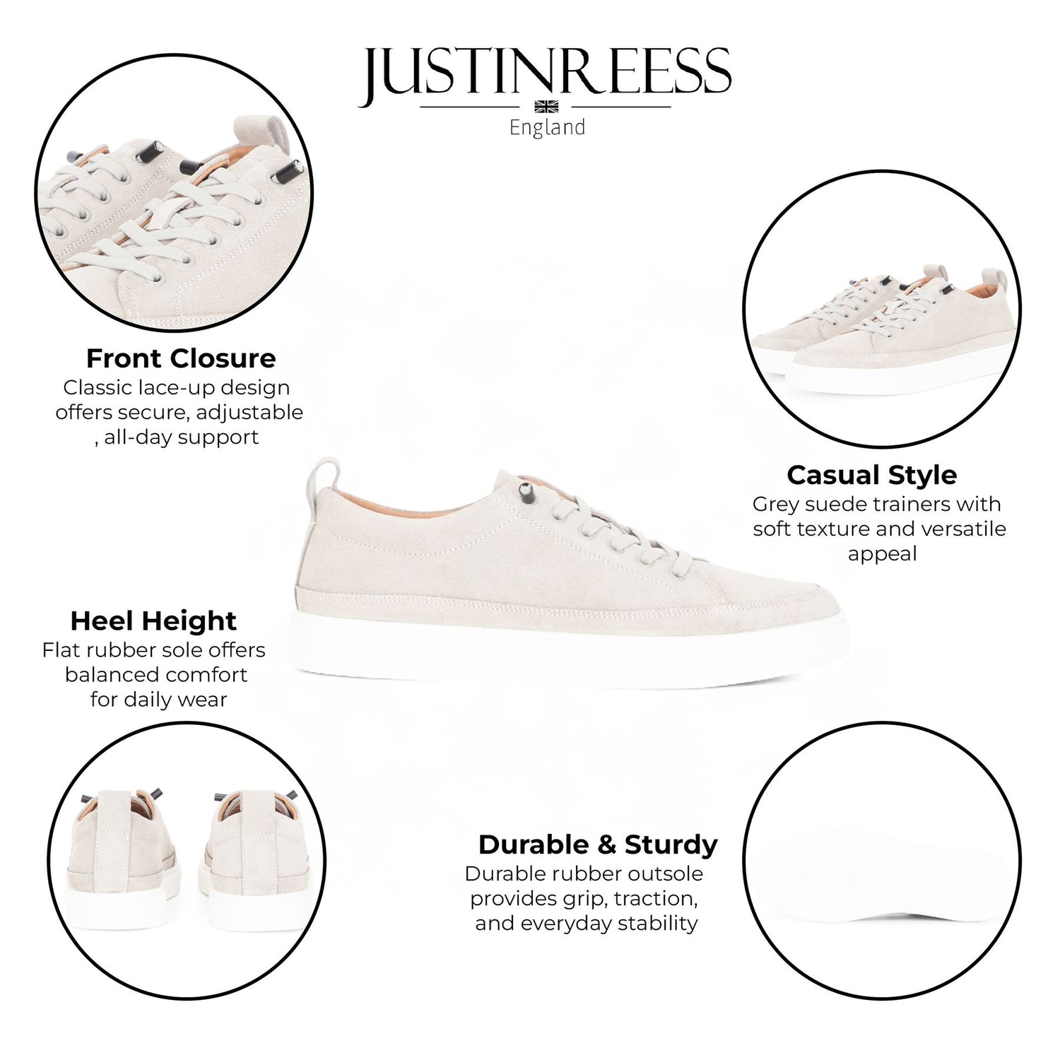 Justin Reess Mens Grey Suede Leather Trainers Sneakers - Josh