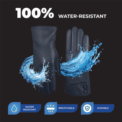 Womens Italian Leather Winter Button Design Soft Wool Lining Gloves - L-GLV-501