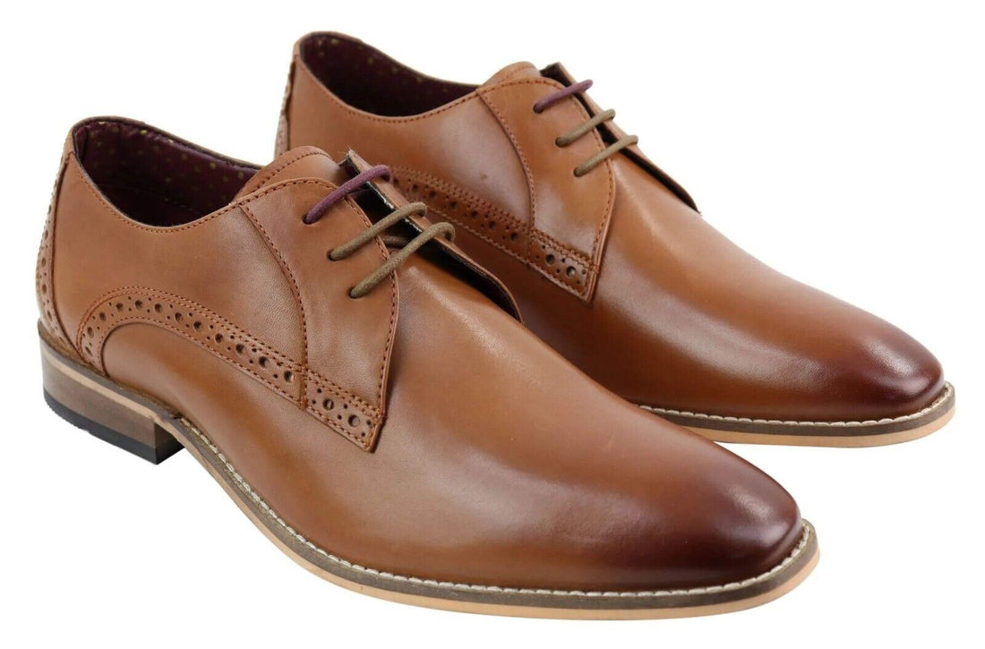 Mens Classic Oxford Brogue Derby Shoes in Tan Leather - Upperclass Fashions 