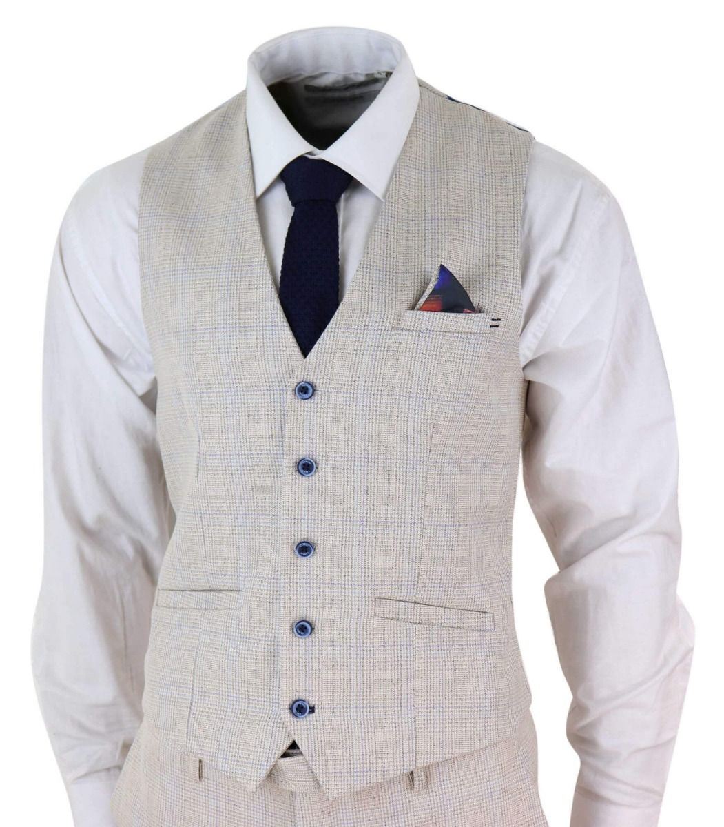 Mens 3 Piece Cream Check Tweed Herringbone Vintage Classic Suit