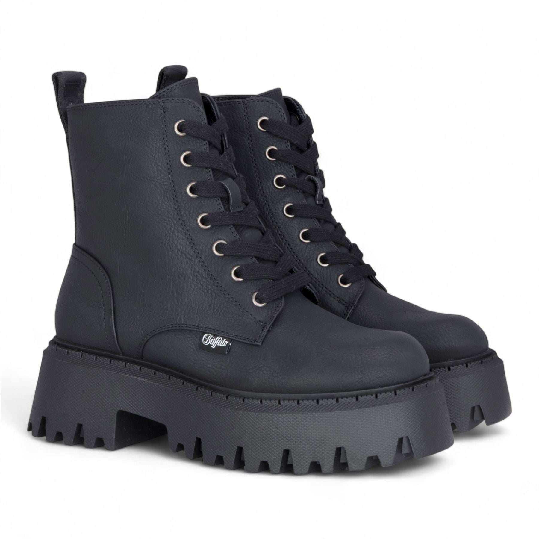Buffalo Womens Black Chunky Platform Warm High Ankle Combat Boots - ASPEN-LACE-UP