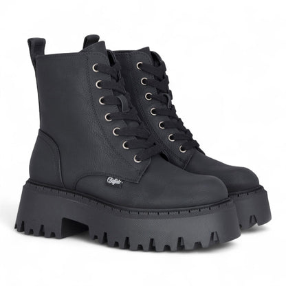 Buffalo Womens Black Chunky Platform Warm High Ankle Combat Boots - ASPEN-LACE-UP