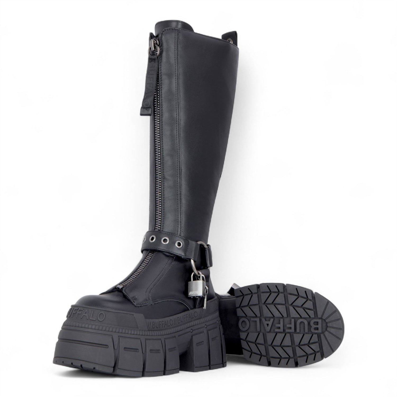 Buffalo Womens Biker Knee High Black Chunky Goth Platform Boots - Gospher Hi