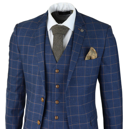 Mens 3 Piece Suit Blue Gold Check Peaky Blinders 1920 Gatsby Smart Vintage Suit - Upperclass Fashions 