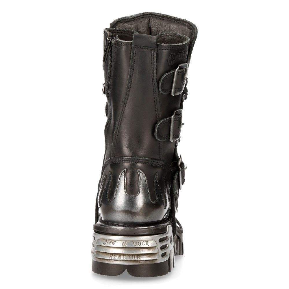 New Rock Flame Accented Black/Silver Leather Boots-591-S2